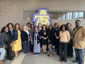 NCTR's Allyson Williams Eubanks and Elizabeth Hearn join the NC10 cohort and facilitation team for a visit at North Carolina A&T campus in February 2023.